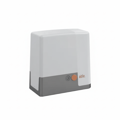 Able SL-Series Sliding Gate Motors with a light grey casing, dark grey base, orange button and Able logo