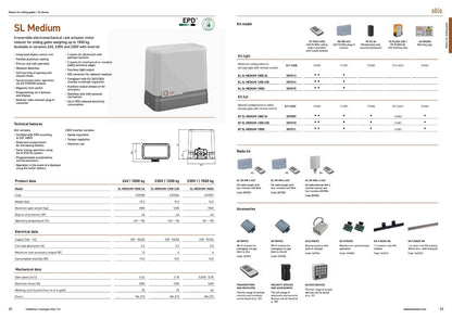 Able SL-Series Sliding Gate Motors, featuring a grey enclosed motor unit, specification tables and accessory illustrations