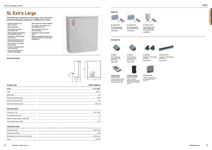 Able SL-Series Sliding Gate Motors catalogue spread showing a grey SL Extra Large 4000 motor and radio controls, receivers and accessories