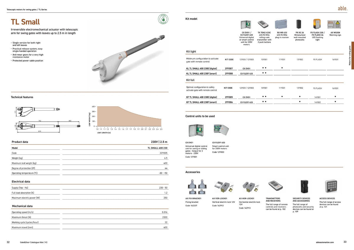 Able TL-Series Telescopic Swing Gate Motors, white telescopic actuator with a silver shaft and articulated mounting arm, shown in a product catalogue panel.