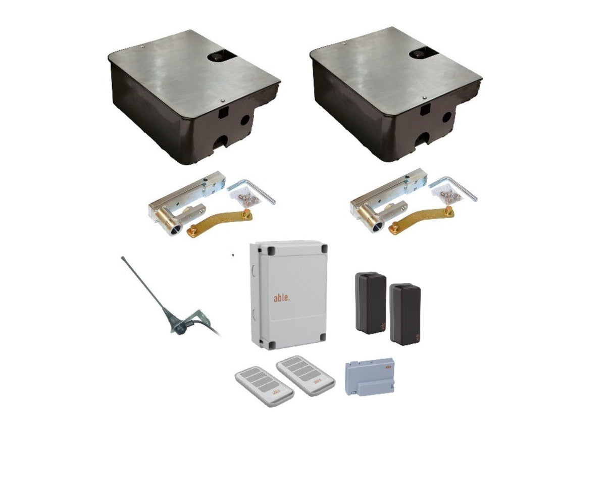 Able UG Medium 3500 underground swing gate operator kit with dark metal foundation boxes, linkage arms, control unit and accessories