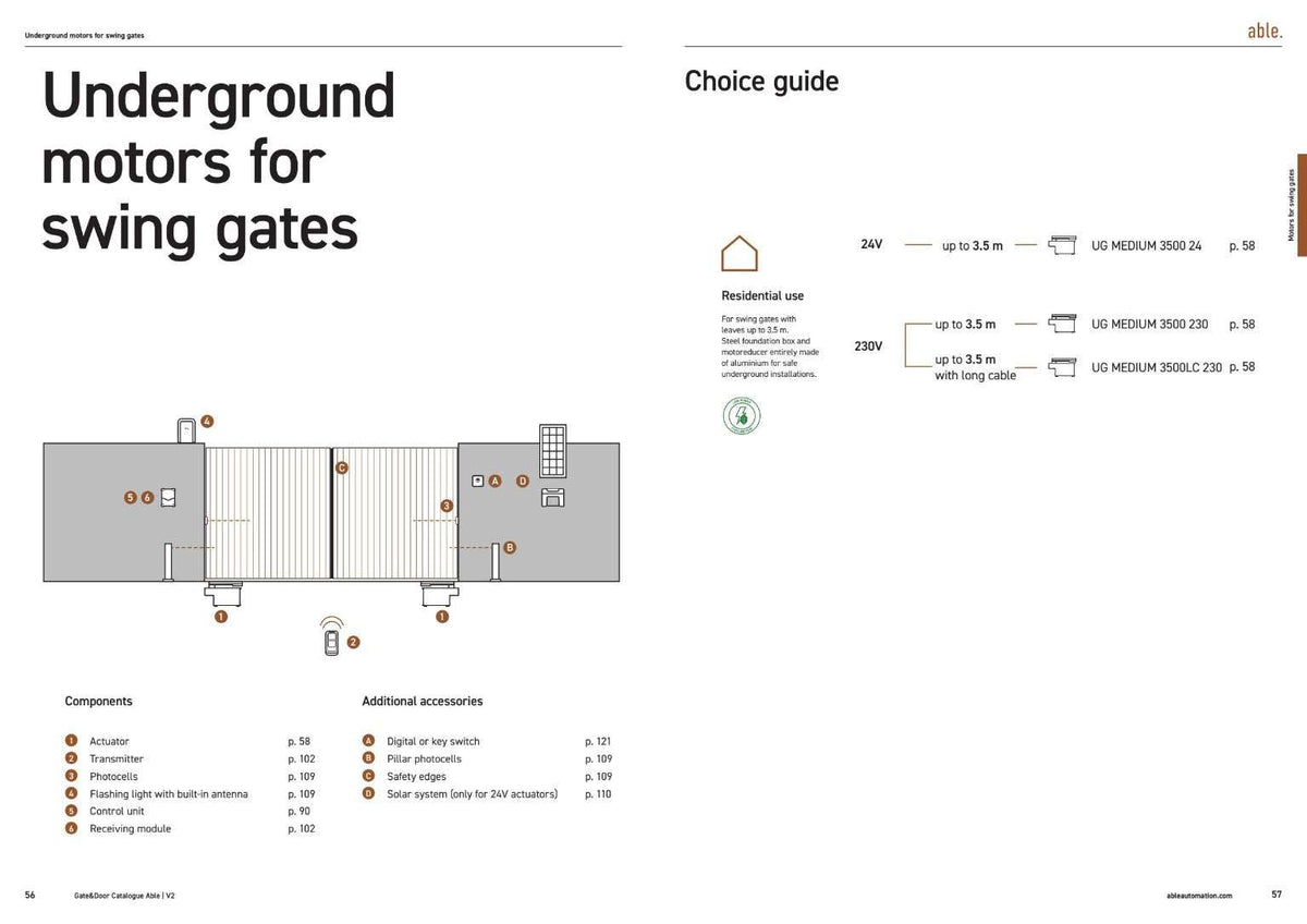 Underground swing gate motor system diagram with a component layout and Able UG Medium 3500 model selection guide