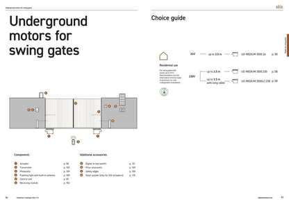Underground swing gate motor system diagram with a component layout and Able UG Medium 3500 model selection guide