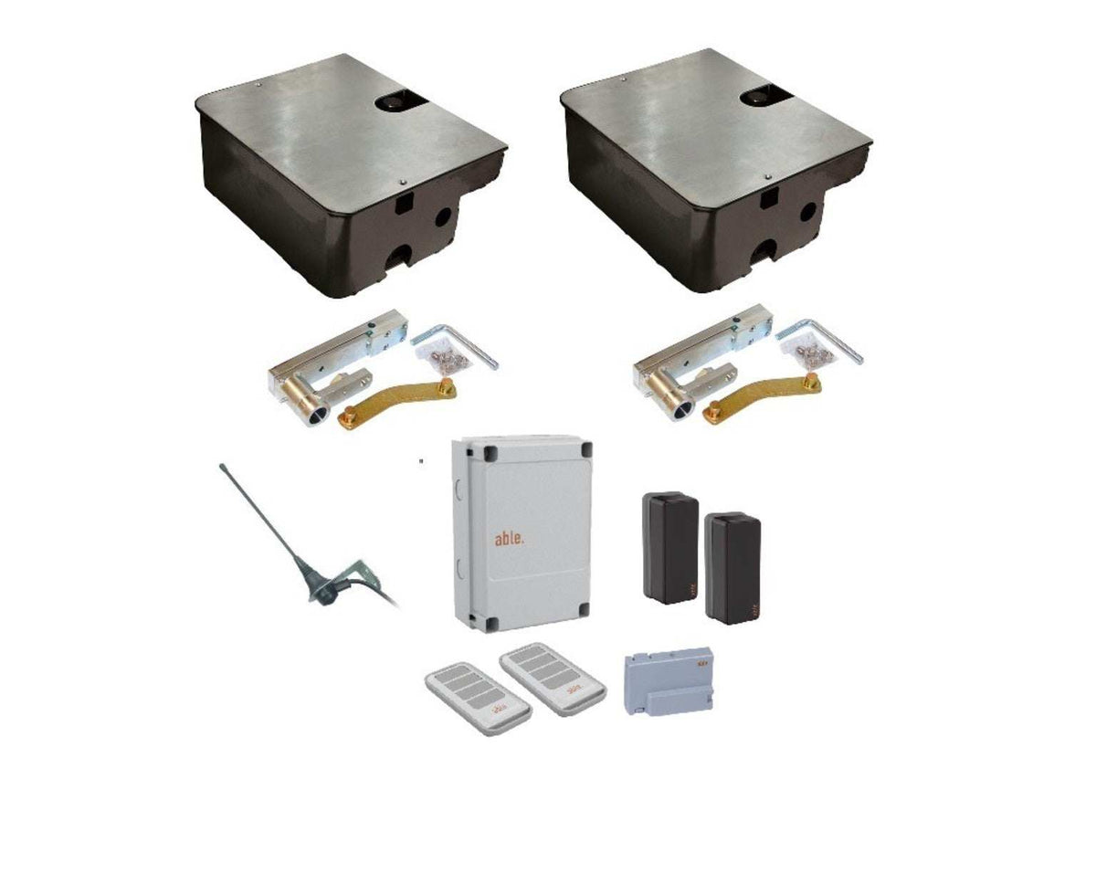 Able UG Medium 3500 underground swing gate operator kit with two dark metal housings, silver covers, linkage arms, control unit and remotes