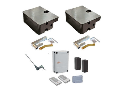 Able UG Medium 3500 underground swing gate operator kit with two dark metal housings, silver covers, linkage arms, control unit and remotes