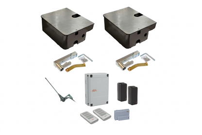 Underground swing gate operator kit, Able UG Medium 3500, with two metal housings, linkages, control box, remotes and sensors.