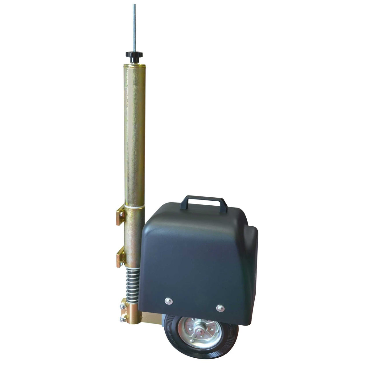 Casit ROLLY Wheel Drive swing gate operator with a dark grey metal housing, spring-loaded post and rubber drive wheel.