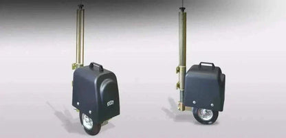 Swing gate wheel-drive operator, Casit ROLLY Wheel Drive, with a dark grey housing, metal mounting rod and small wheel.
