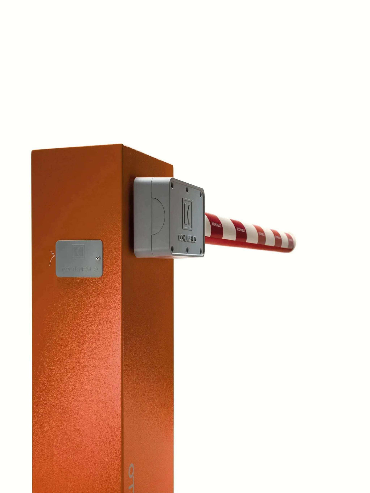 Comunello BORDER 400 Automatic Parking Barrier with an orange metal cabinet, grey housing and red-and-white striped boom