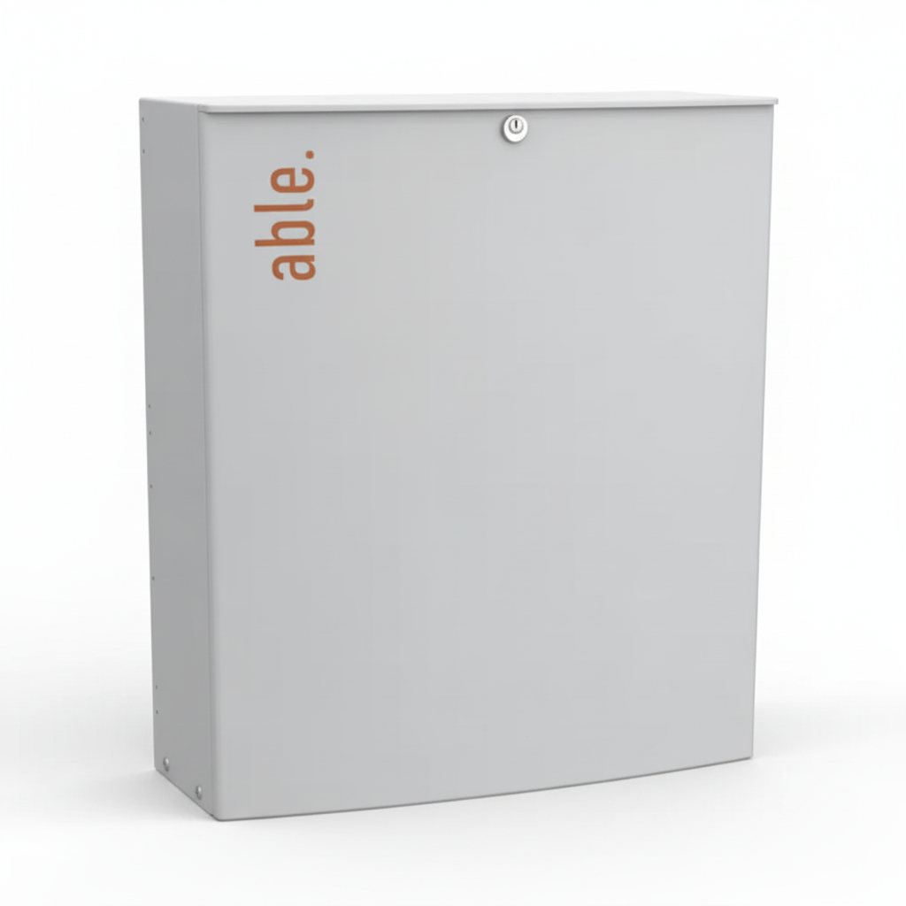 Able SL Extra Large Sliding Gate Operator, a light grey metal cabinet with a side-mounted orange Able logo and front key lock.