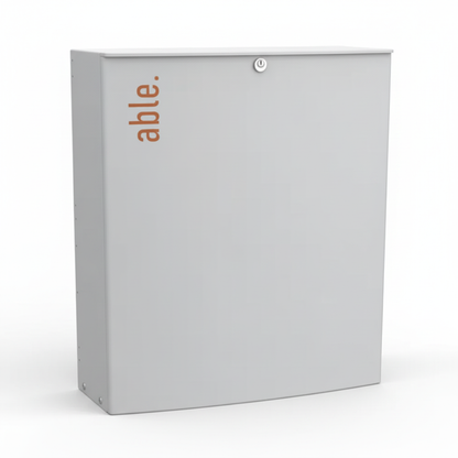 Able SL Extra Large Sliding Gate Operator, a light grey metal cabinet with a side-mounted orange Able logo and front key lock.