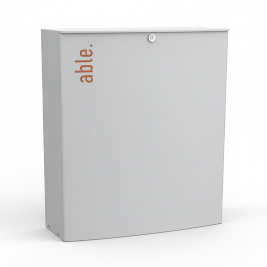Able SL Extra Large Sliding Gate Operator, a light grey metal cabinet with a side-mounted orange Able logo and front key lock.