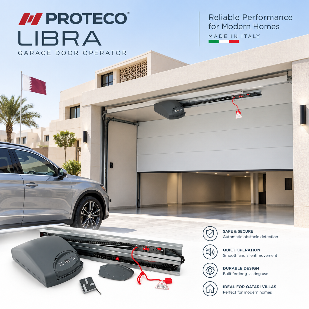 Proteco LIBRA Garage Door Opener with dark gray motor unit, long rail, remote and red release cord.