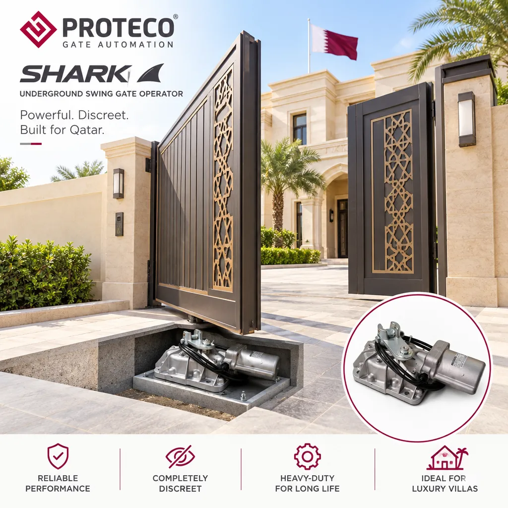 Proteco SHARK Underground Swing Gate Operator in silver metal, shown below a decorative black swing gate with floor-mounted drive assembly