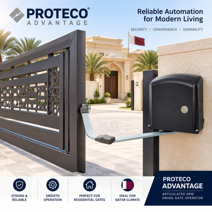 Proteco ADVANTAGE Articulated Swing Gate Operator, black metal housing with a jointed silver arm on a dark slatted gate.