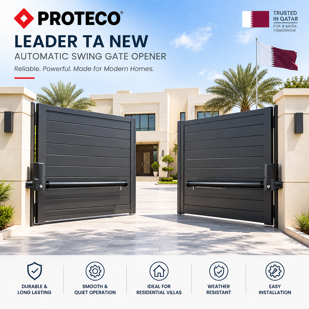 Proteco LEADER TA NEW swing gate operator with black telescopic arms mounted on dark gray horizontal-slat gates.