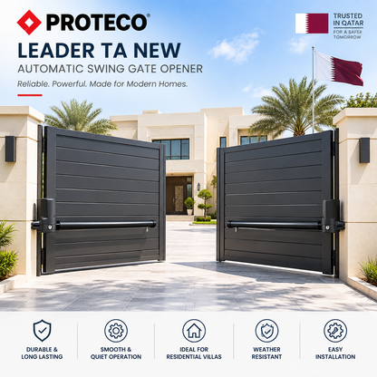 Proteco LEADER TA NEW swing gate operator with black telescopic arms mounted on dark gray horizontal-slat gates.