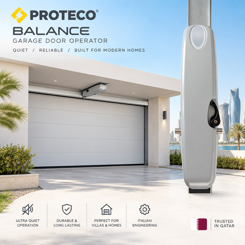 Proteco BALANCE Garage Door Operator, slim silver-gray housing with black release control and white accent ring.