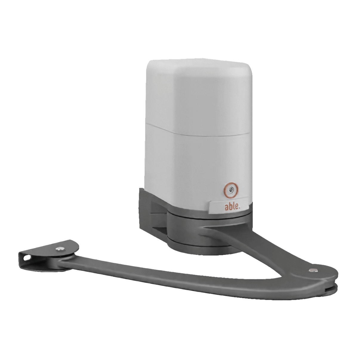 Able AR-Series Articulated Swing Gate Motors with a white and grey motor housing and dark grey jointed metal arm, featuring an Able logo.