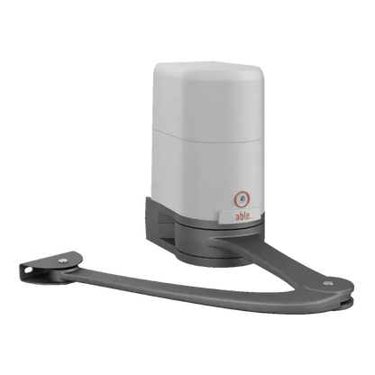 Able AR-Series Articulated Swing Gate Motors with a white and grey motor housing and dark grey jointed metal arm, featuring an Able logo.