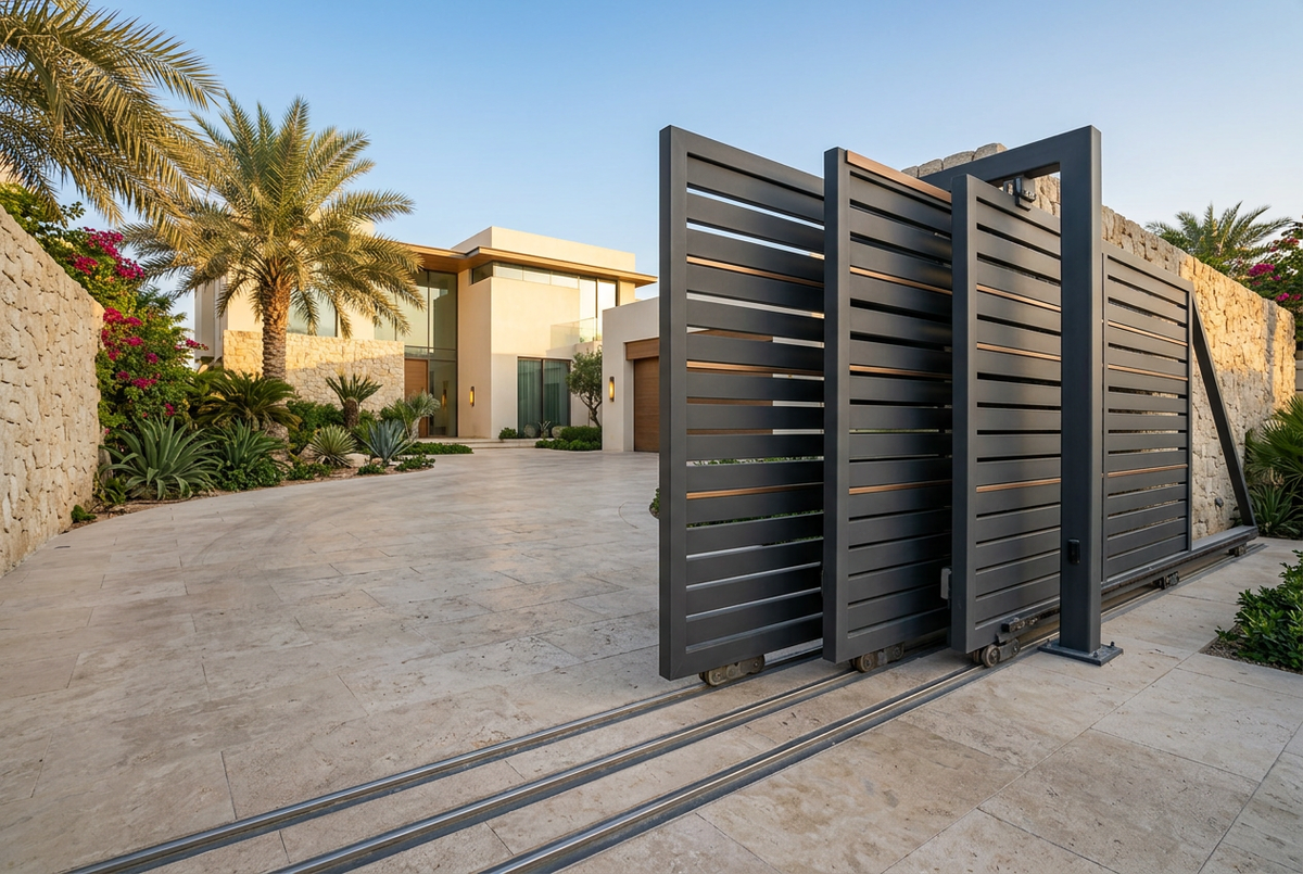 Premium telescopic sliding gate at a contemporary Qatar villa