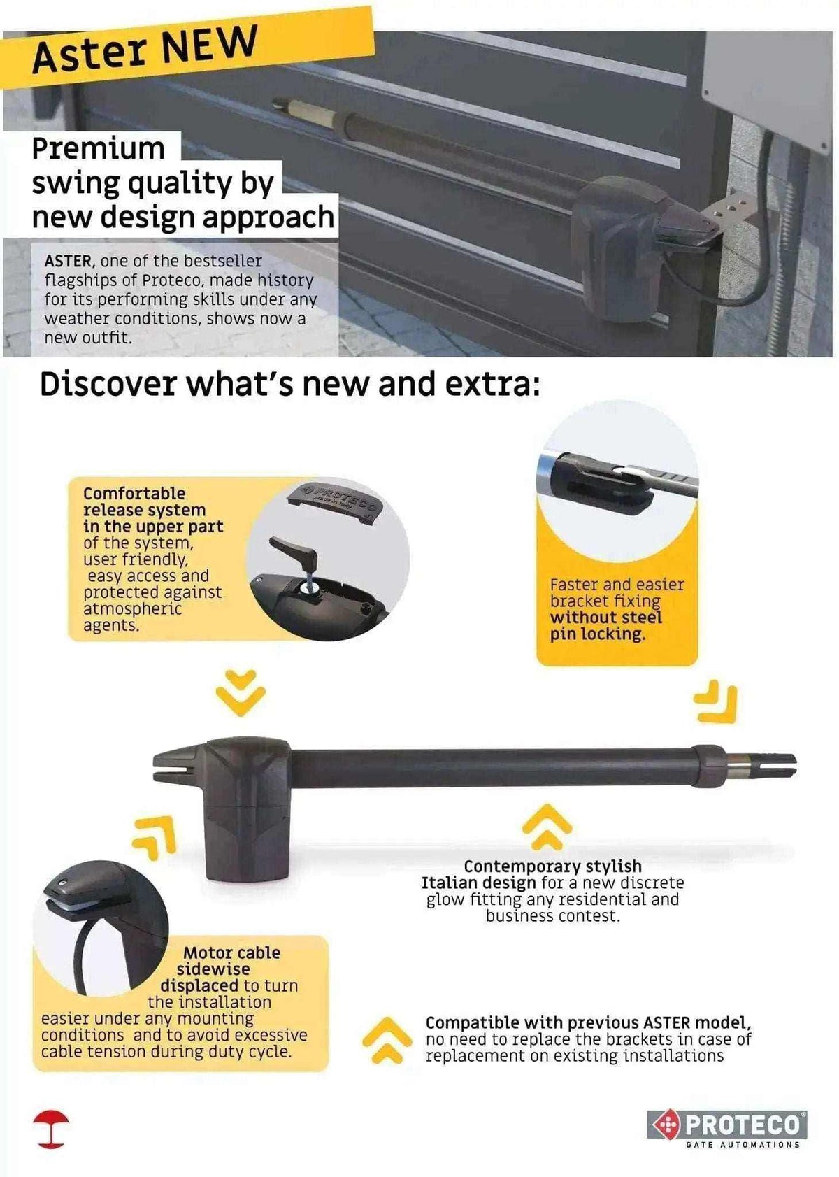 Proteco ASTER 4 NEW swing gate operator with a black and grey metal body, telescopic arm and manual release