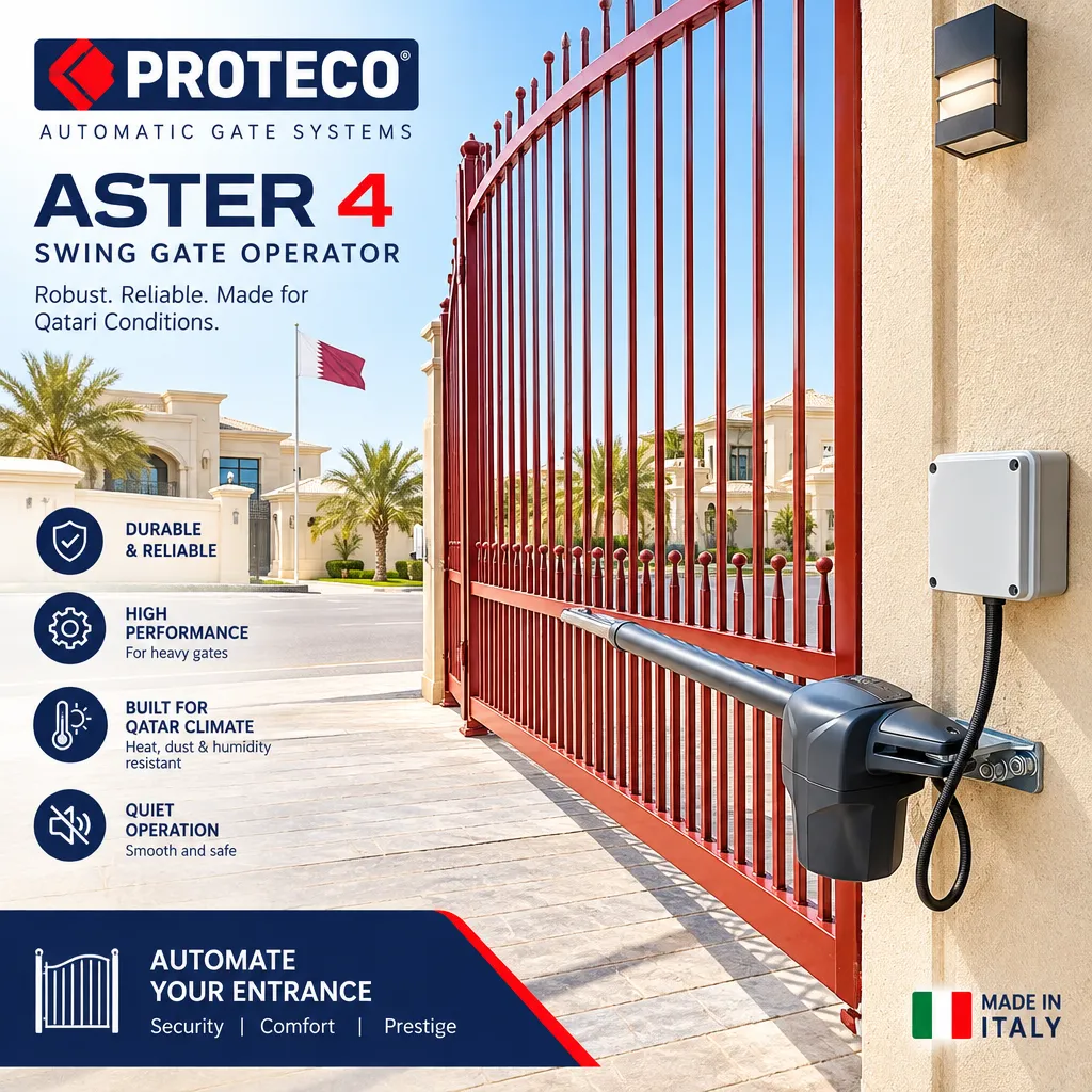 Swing gate operator Proteco ASTER 4 NEW in black and grey metal, with a telescopic arm fitted to a red gate