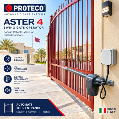 Swing gate operator Proteco ASTER 4 NEW in black and grey metal, with a telescopic arm fitted to a red gate