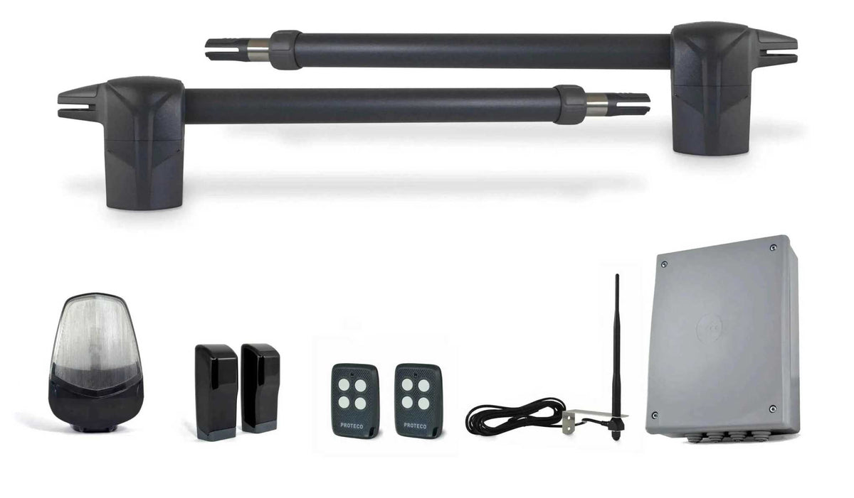 Proteco ASTER 4 NEW swing gate operator kit with two black metal actuators, grey control box, remotes and sensors
