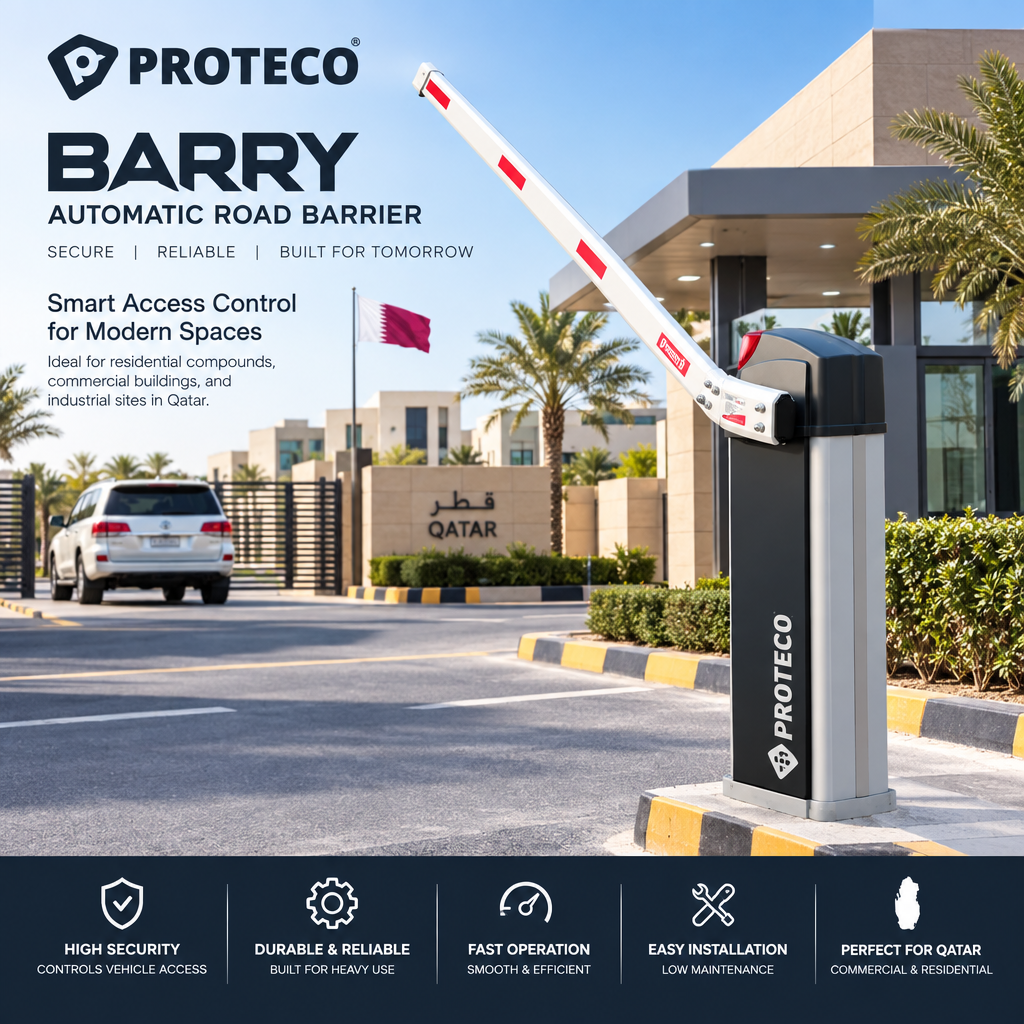 Proteco BARRY Automatic Road Barrier with a grey metal cabinet and raised white telescopic boom marked with red stripes