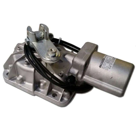 Proteco SHARK Underground Swing Gate Operator, silver metal motor with a cast mounting plate, linkage arm and black cables