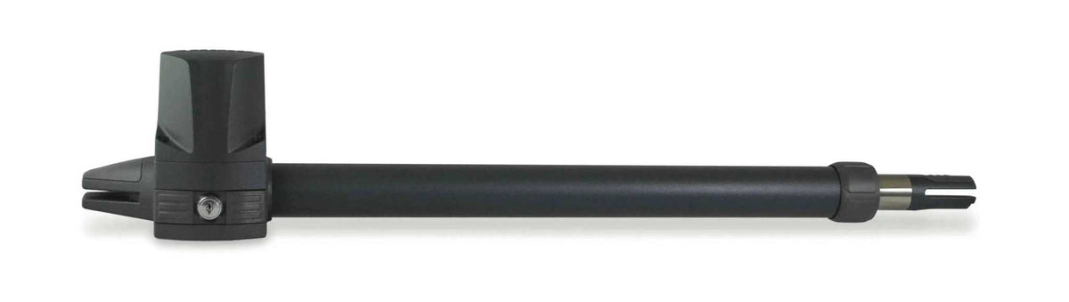 Proteco Telescopic Swing Gate Operator in black metal, featuring a long telescopic actuator arm and mounting bracket