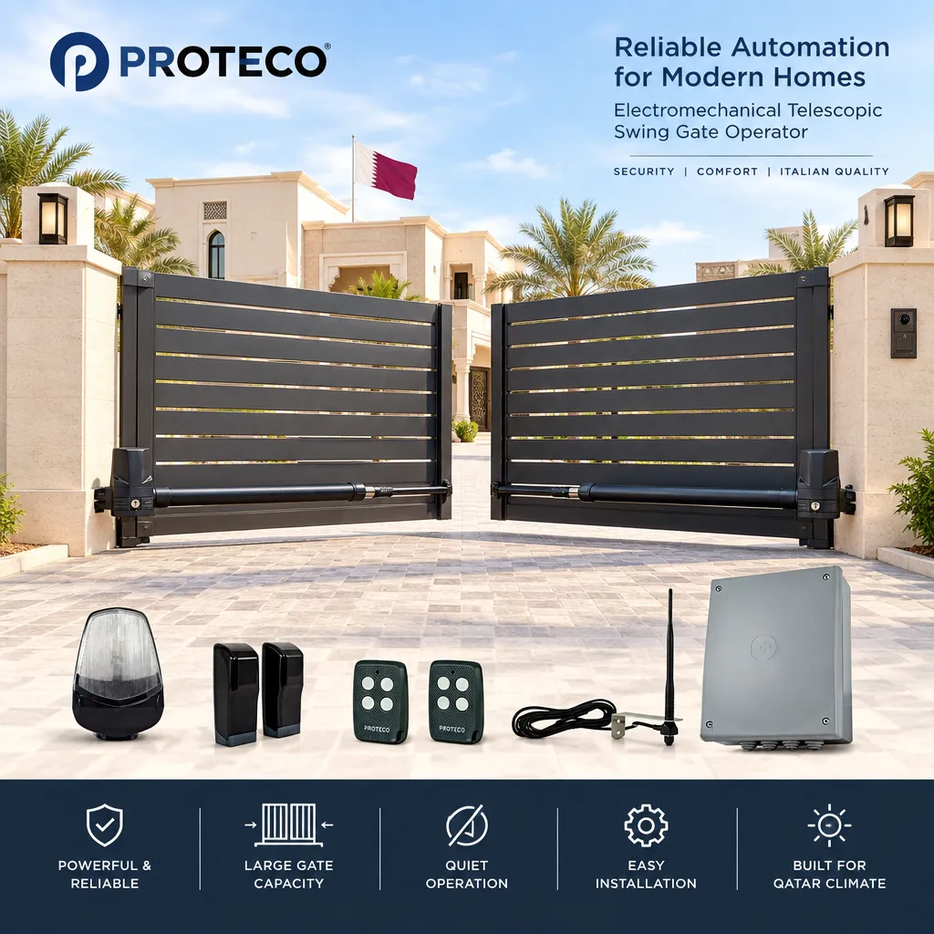 Proteco Telescopic Swing Gate Operator with black metal dual-leaf gates, telescopic arms, and included control accessories
