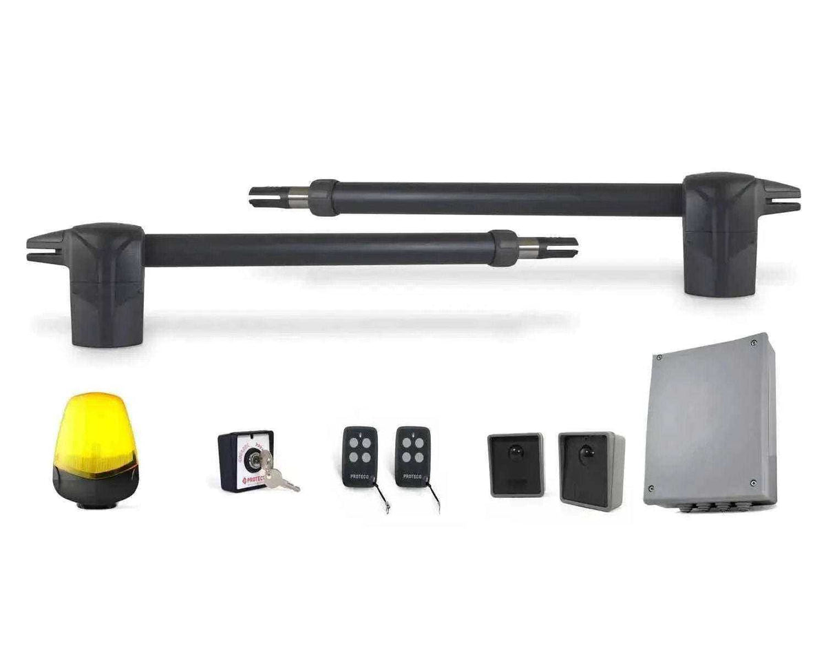 Proteco Telescopic Swing Gate Operator kit with two black linear arms, yellow beacon, control unit and remotes