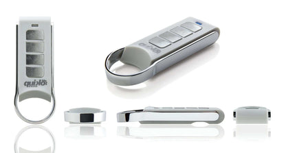 Quiko 4-Channel Gate Remote in silver and grey plastic with four rectangular buttons and a chrome loop