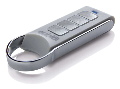 Quiko 4-Channel Gate Remote in silver and white with four rectangular buttons, a blue indicator and keyring loop