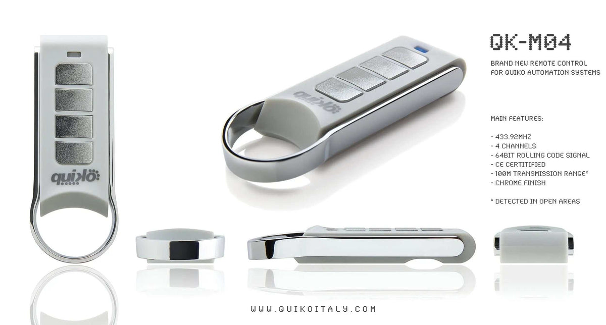 Quiko 4-Channel Gate Remote in silver and white plastic, with four rectangular buttons and an oval keyring loop