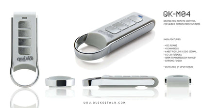 Quiko 4-Channel Gate Remote in silver and white plastic, with four rectangular buttons and an oval keyring loop