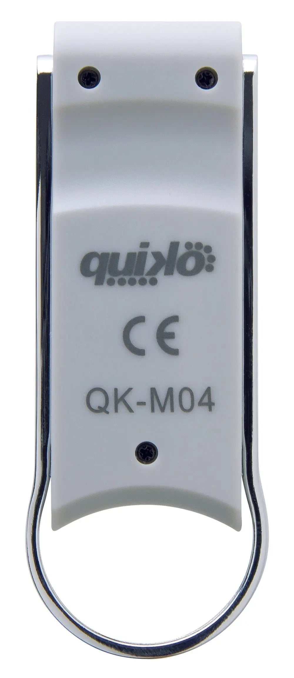 Quiko 4-Channel Gate Remote in silver and white plastic with a smooth finish, QK-M04 marking and metal loop