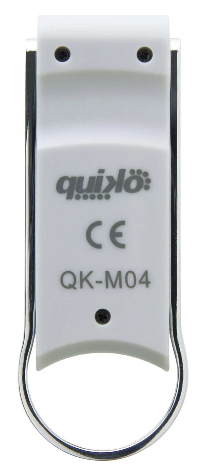 Quiko 4-Channel Gate Remote with a white plastic back, silver trim, black screws and printed Quiko QK-M04 branding