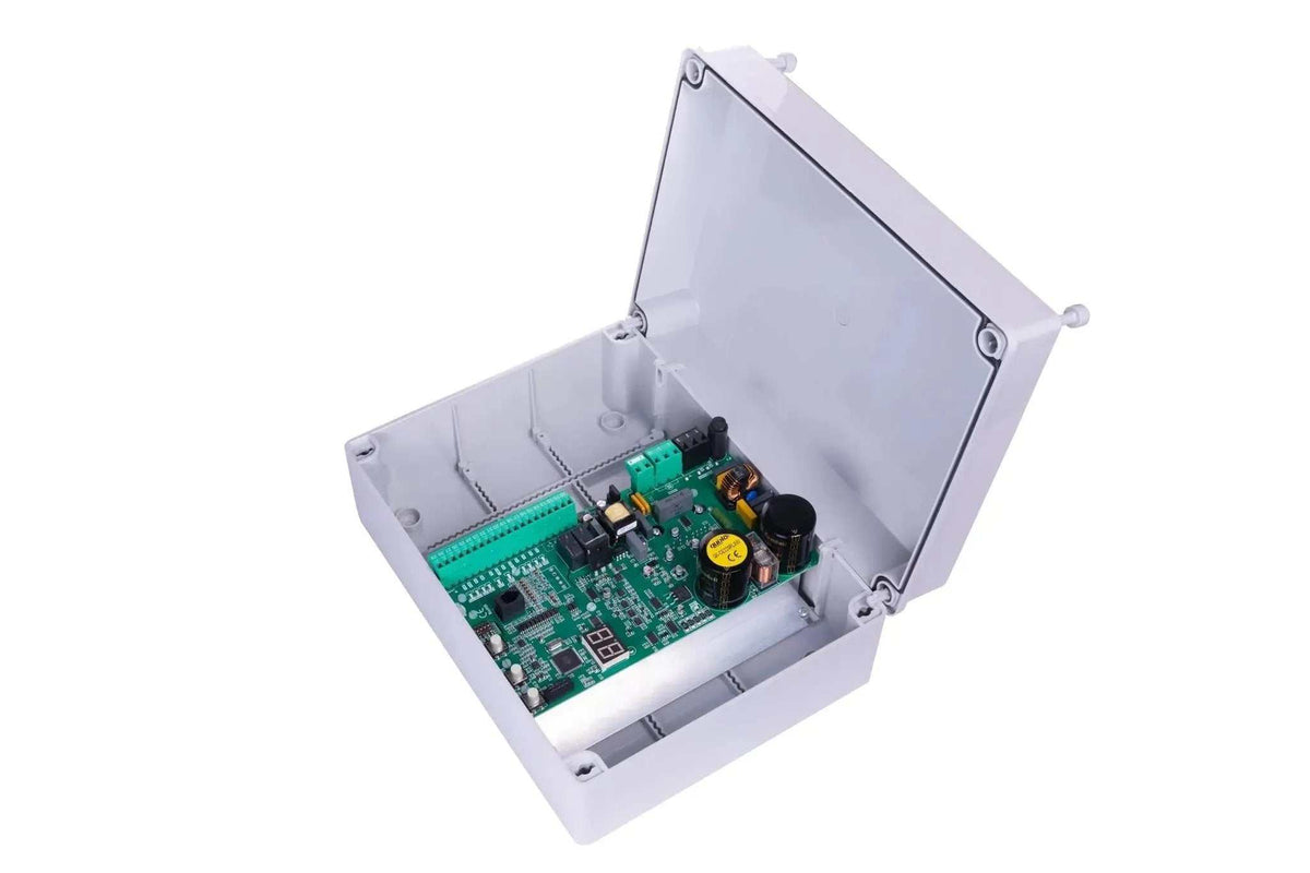 Quiko ERCOLE 2500 Industrial Sliding Gate Motor control unit in a light grey plastic enclosure, open to reveal a green circuit board.