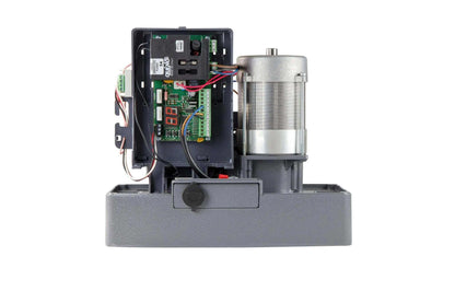 Quiko MOOVY sliding gate operator in Qatar with gray metal base, exposed control circuit board, and silver motor housing