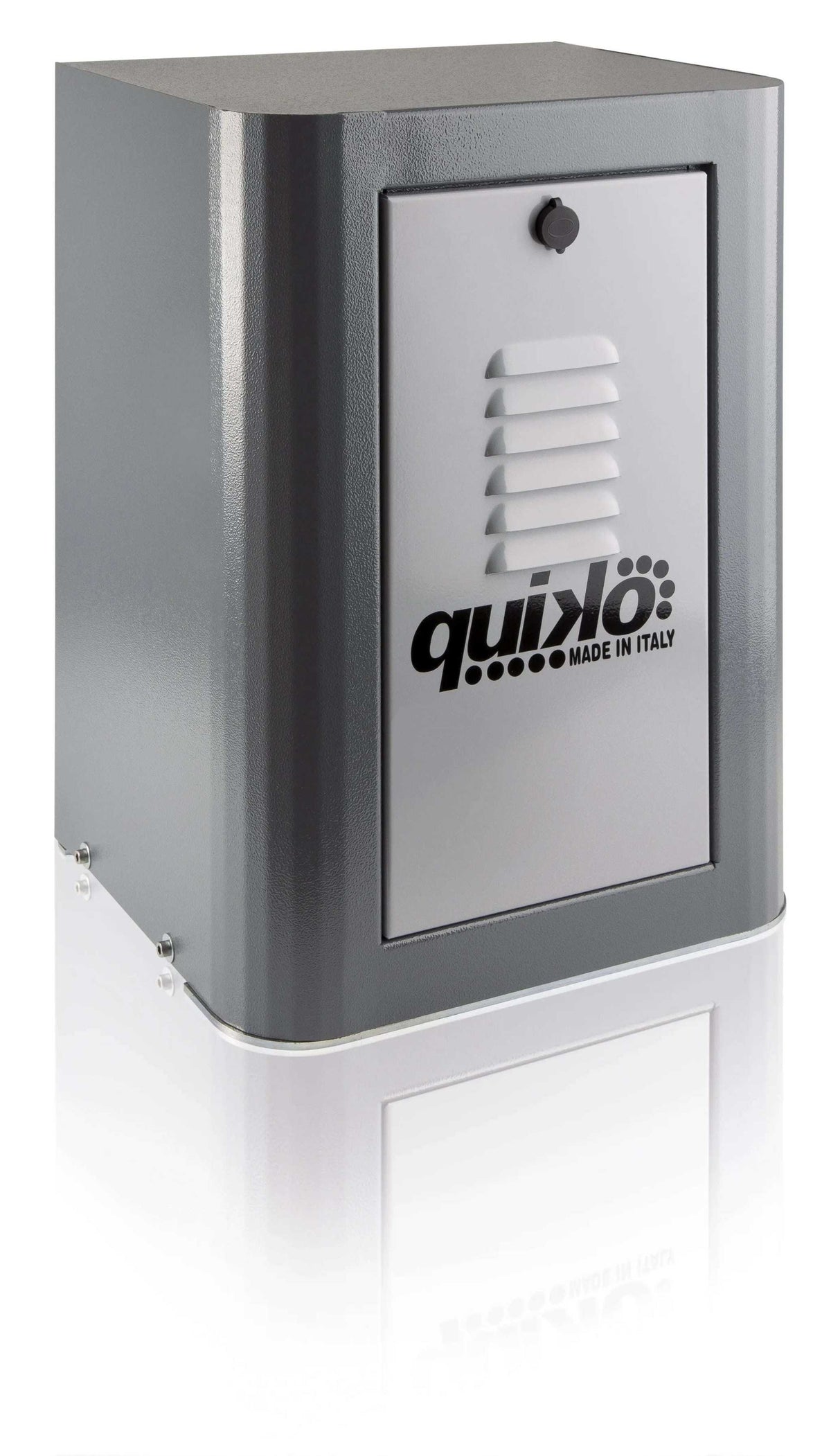 Quiko TITANO Heavy Duty Gate Operator in a gray metal housing, with a front access panel, vents, and Quiko logo.