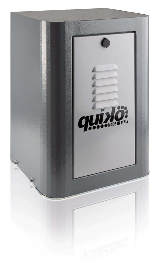 Quiko TITANO Heavy Duty Gate Operator in a gray metal housing, with a front access panel, vents, and Quiko logo.