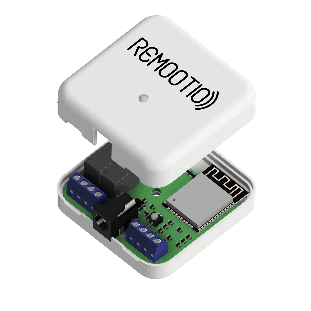 Smart gate controller, Remootio 3 smart gate controller in Qatar, with a white plastic case and exposed green circuit board