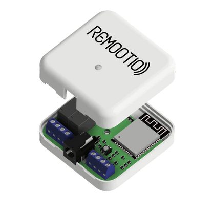 Smart gate controller, Remootio 3 smart gate controller in Qatar, with a white plastic case and exposed green circuit board