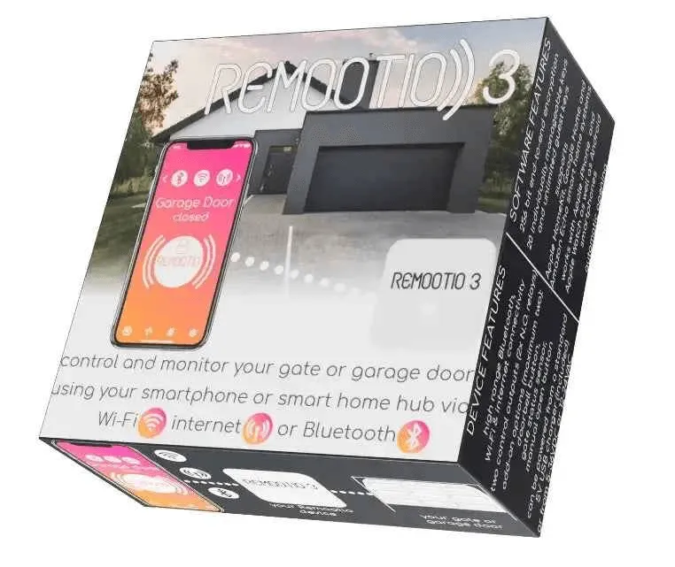 Remootio 3 smart gate controller in Qatar, white boxed smart-control device with a smartphone and gate icons on the packaging.