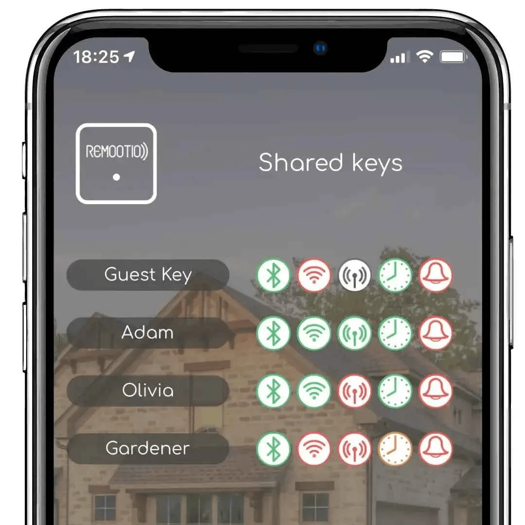 Remootio 3 smart gate controller in Qatar, shown as a smartphone app screen for managing shared keys and access controls.