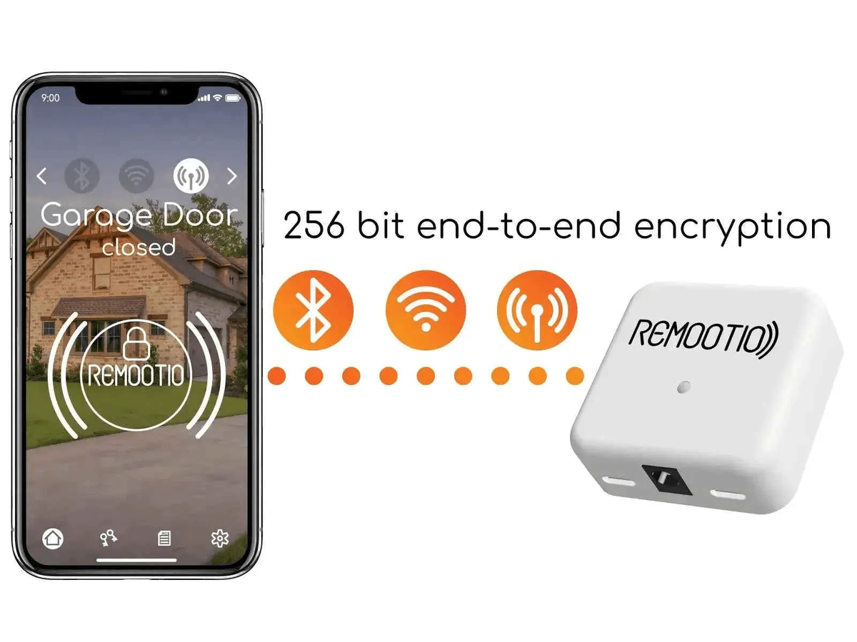 Remootio 3 smart gate controller in Qatar, compact white square device with rounded edges and black logo, shown with app display