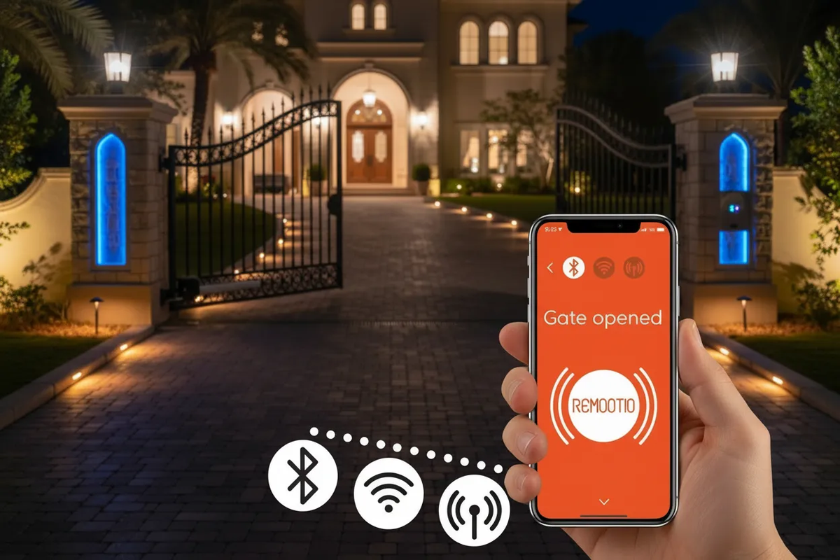 Smart gate controller, Remootio 3 smart gate controller in Qatar, shown with an orange phone app and Bluetooth and Wi-Fi icons